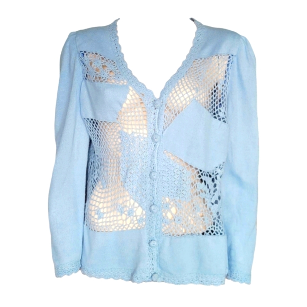 Vintage Crochet Lace & Knit Patchwork Cottagecre Cardigan Baby Blue Medium